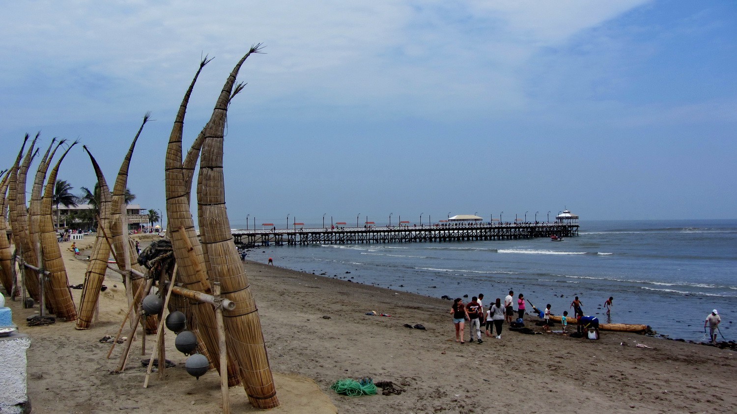 Reed boats on the beach of Huanchaco, few kilometers north of Trujillo